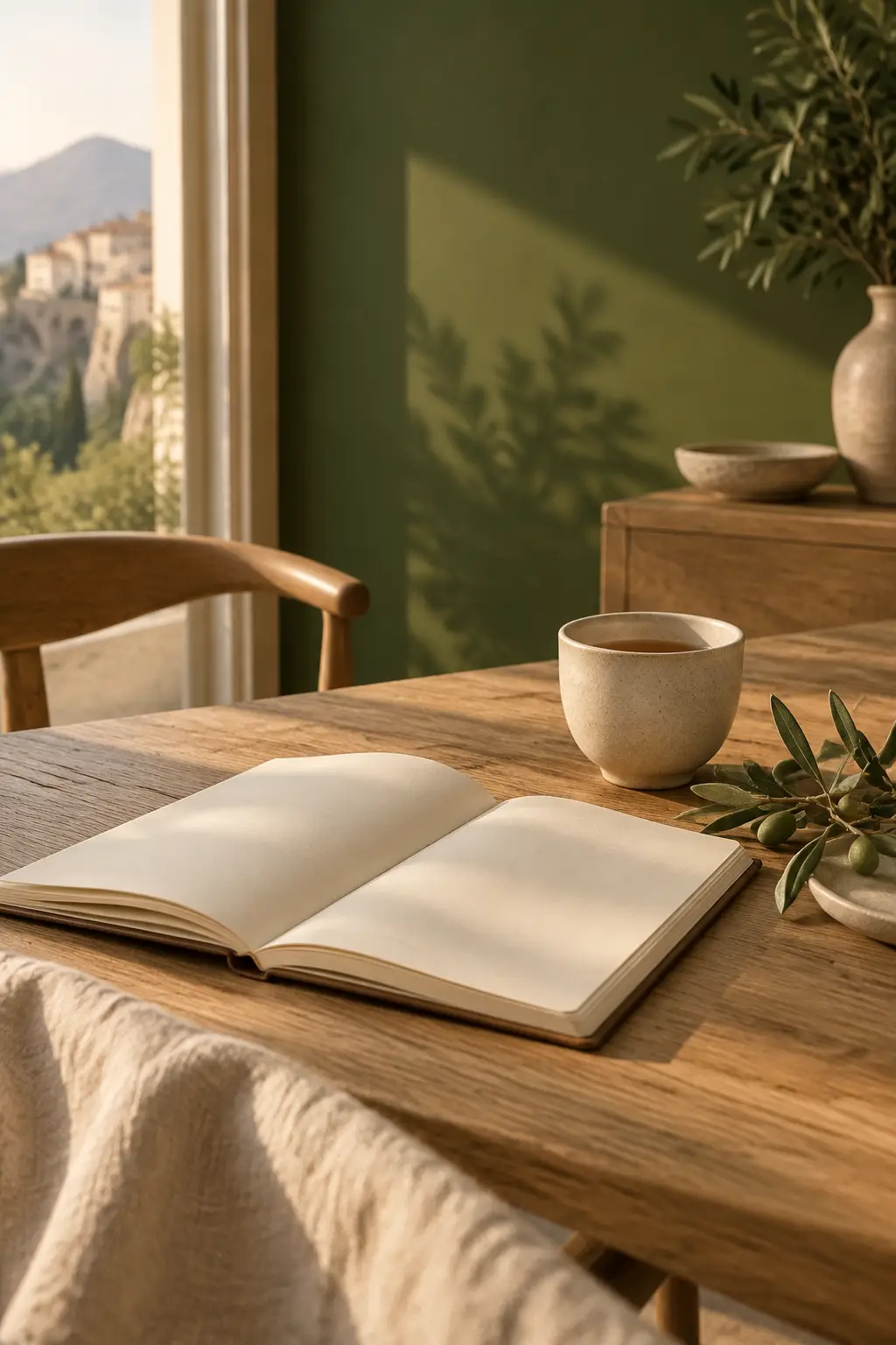 Cuaderno abierto y una taza de té