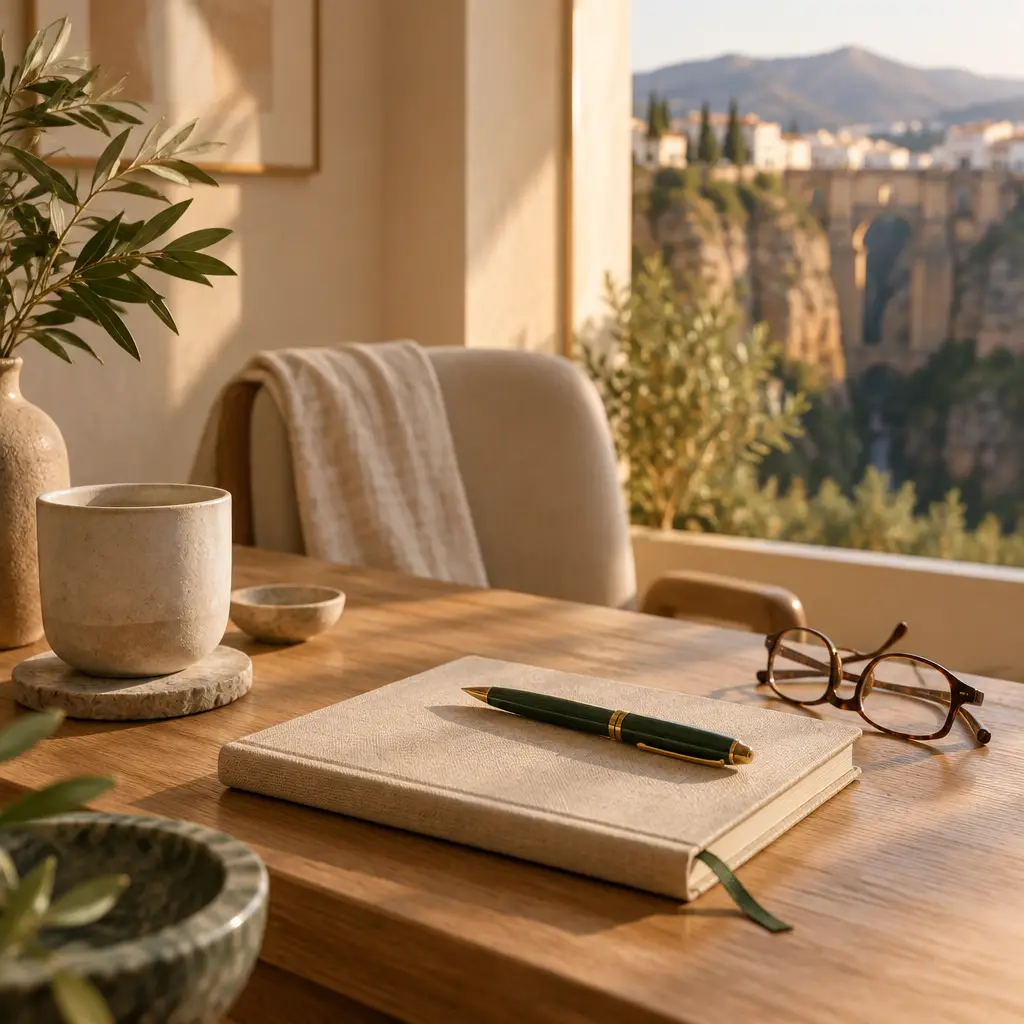 Cuaderno, pluma y gafas sobre madera