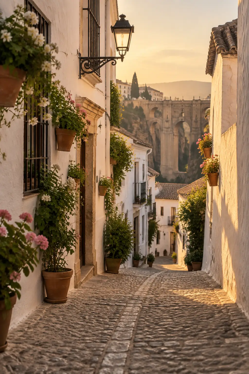 Calle blanca de Ronda con macetas al atardecer