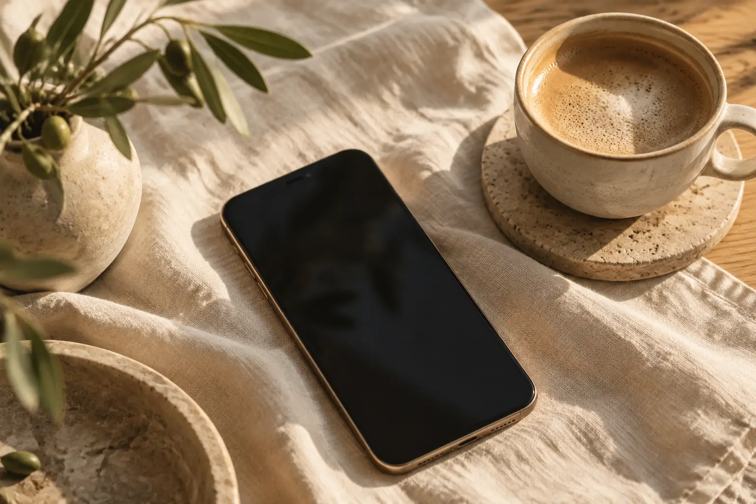 Móvil junto a un café: escríbenos cuando te venga bien