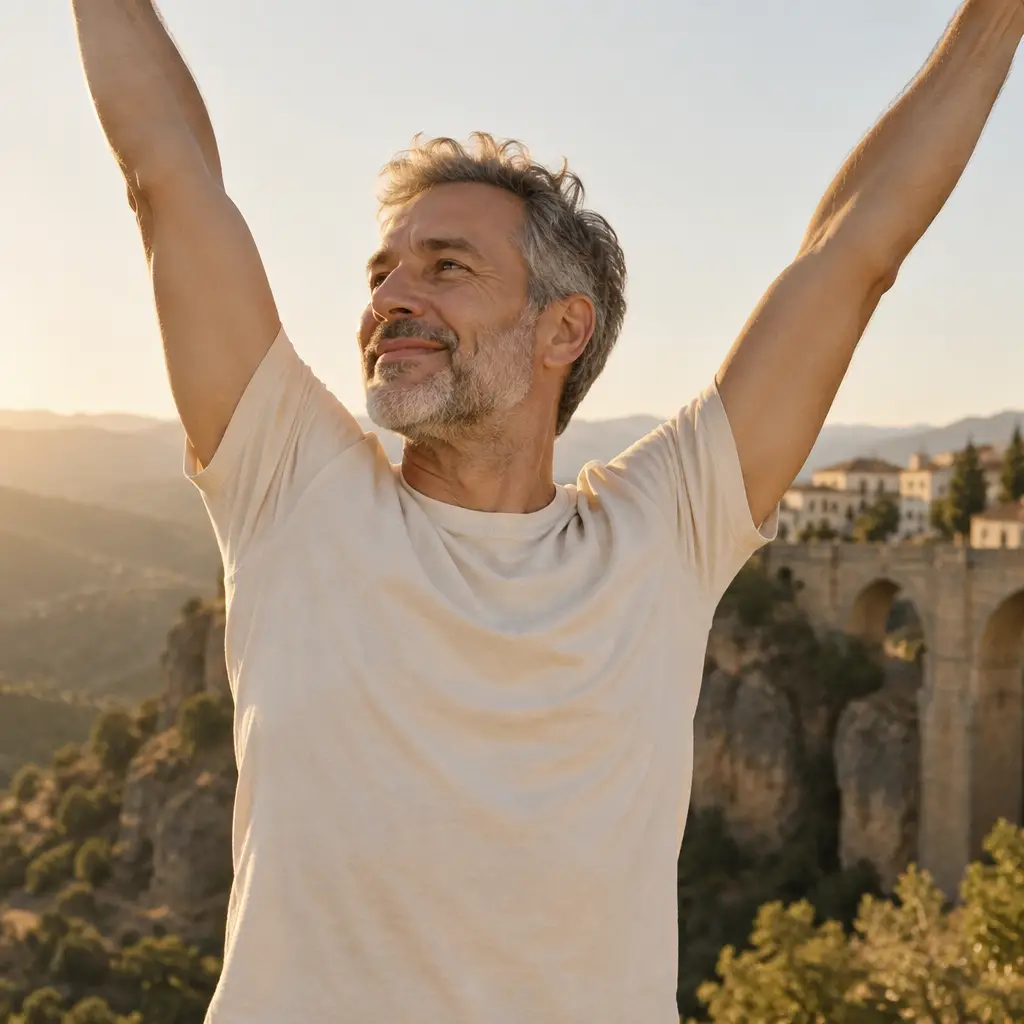 Hombre estirándose al sol de la tarde