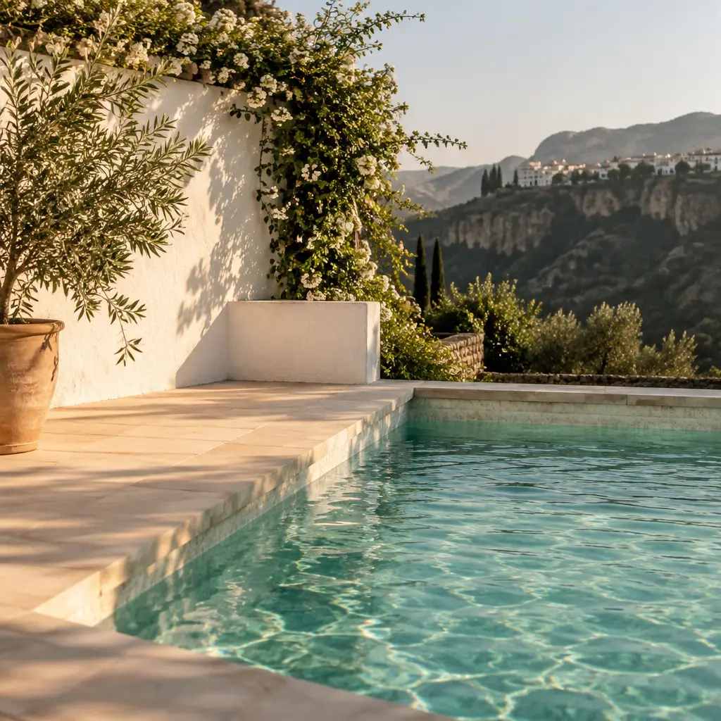 Borde de una piscina en una tarde de verano