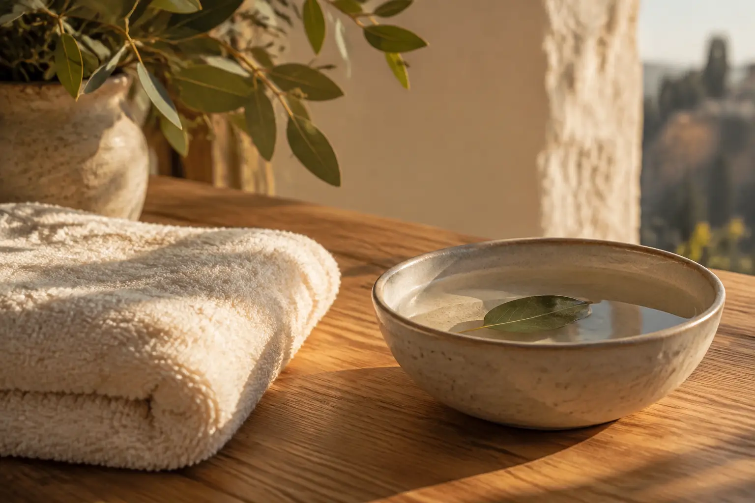 Toalla de algodón y cuenco con agua fresca