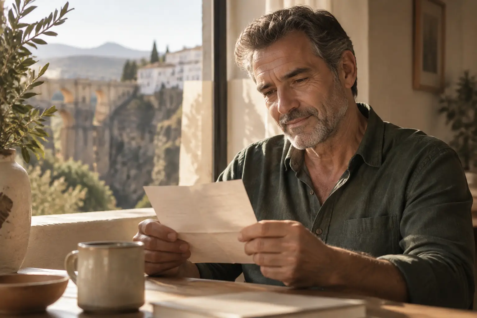 Hombre leyendo con el ceño ligeramente fruncido