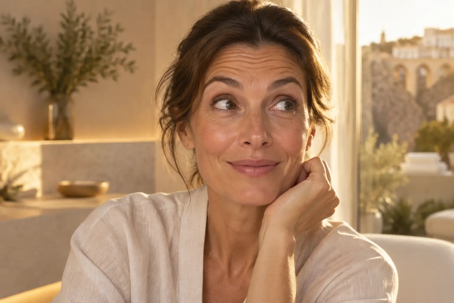 Mujer con gesto expresivo y natural