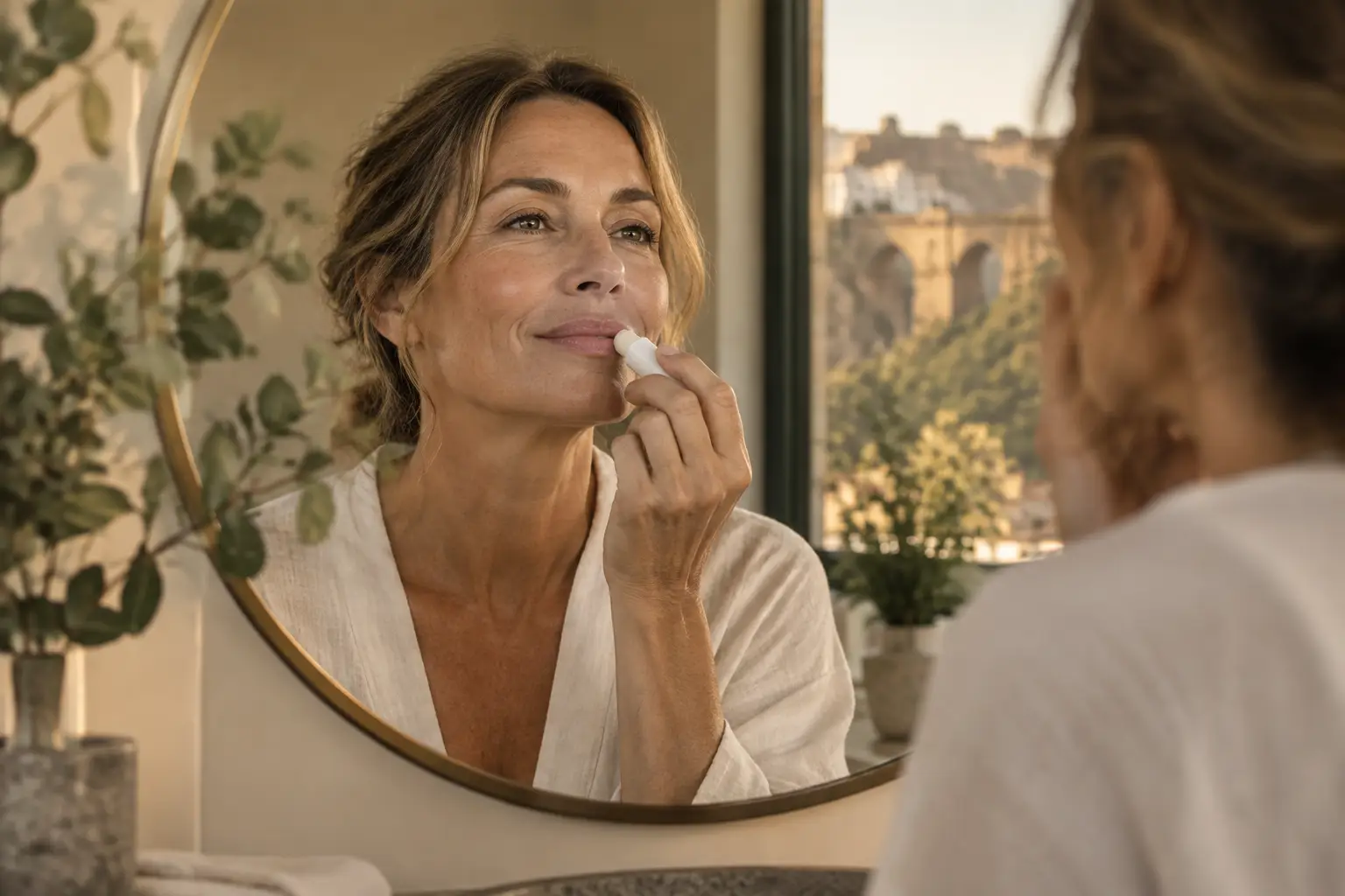 Mujer aplicándose bálsamo labial frente al espejo