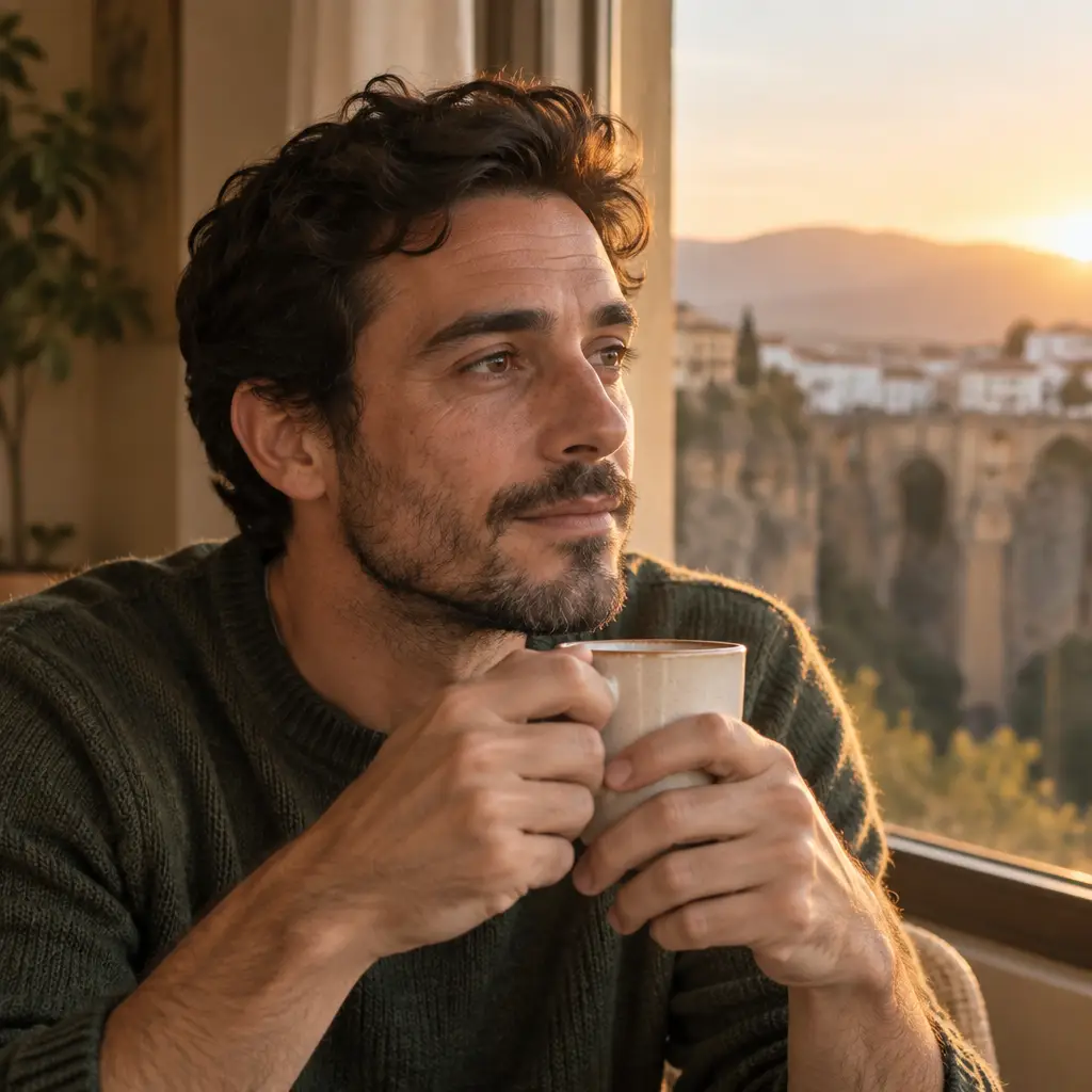 Hombre con café junto a la ventana al amanecer
