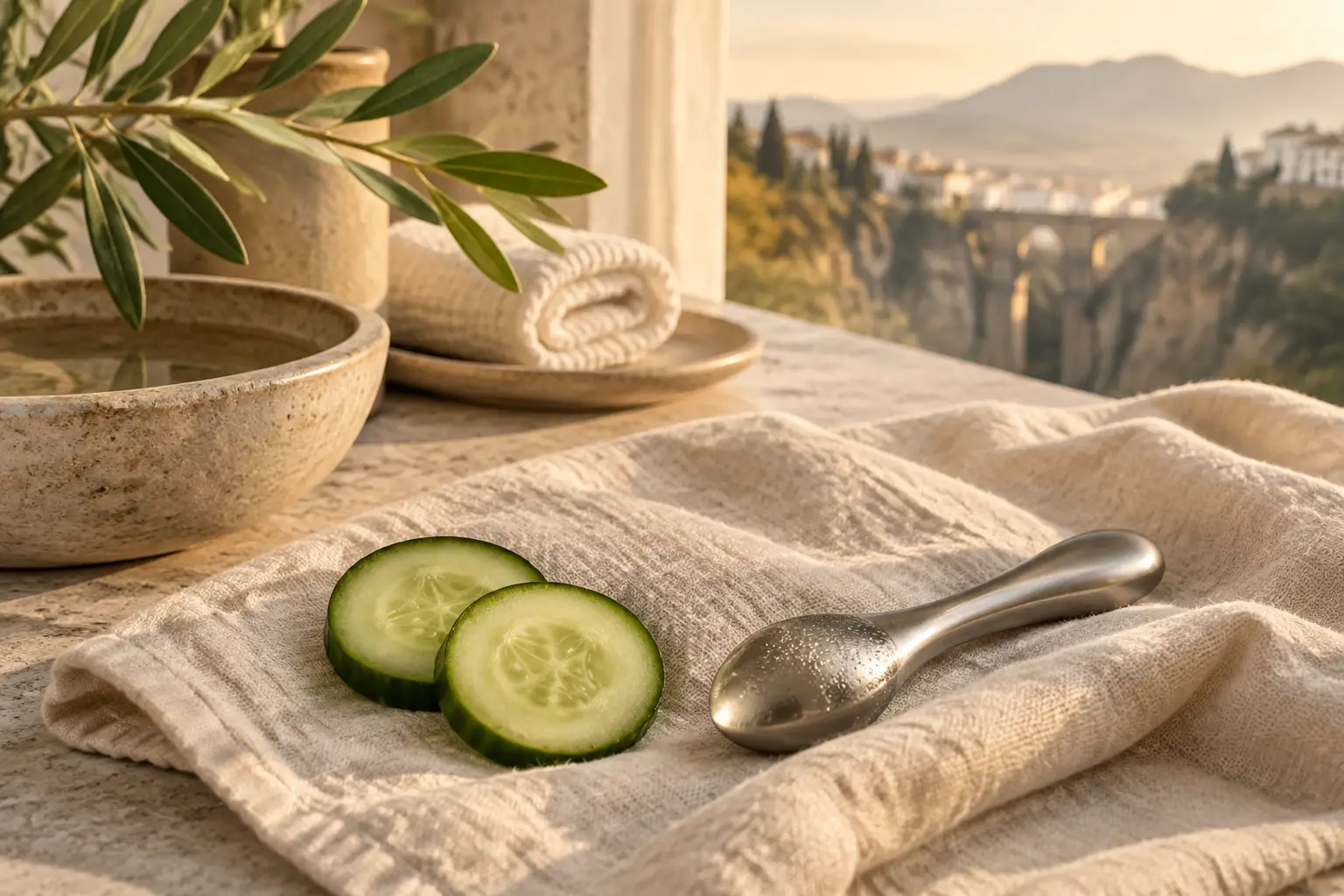 Rodajas de pepino y una cuchara fría