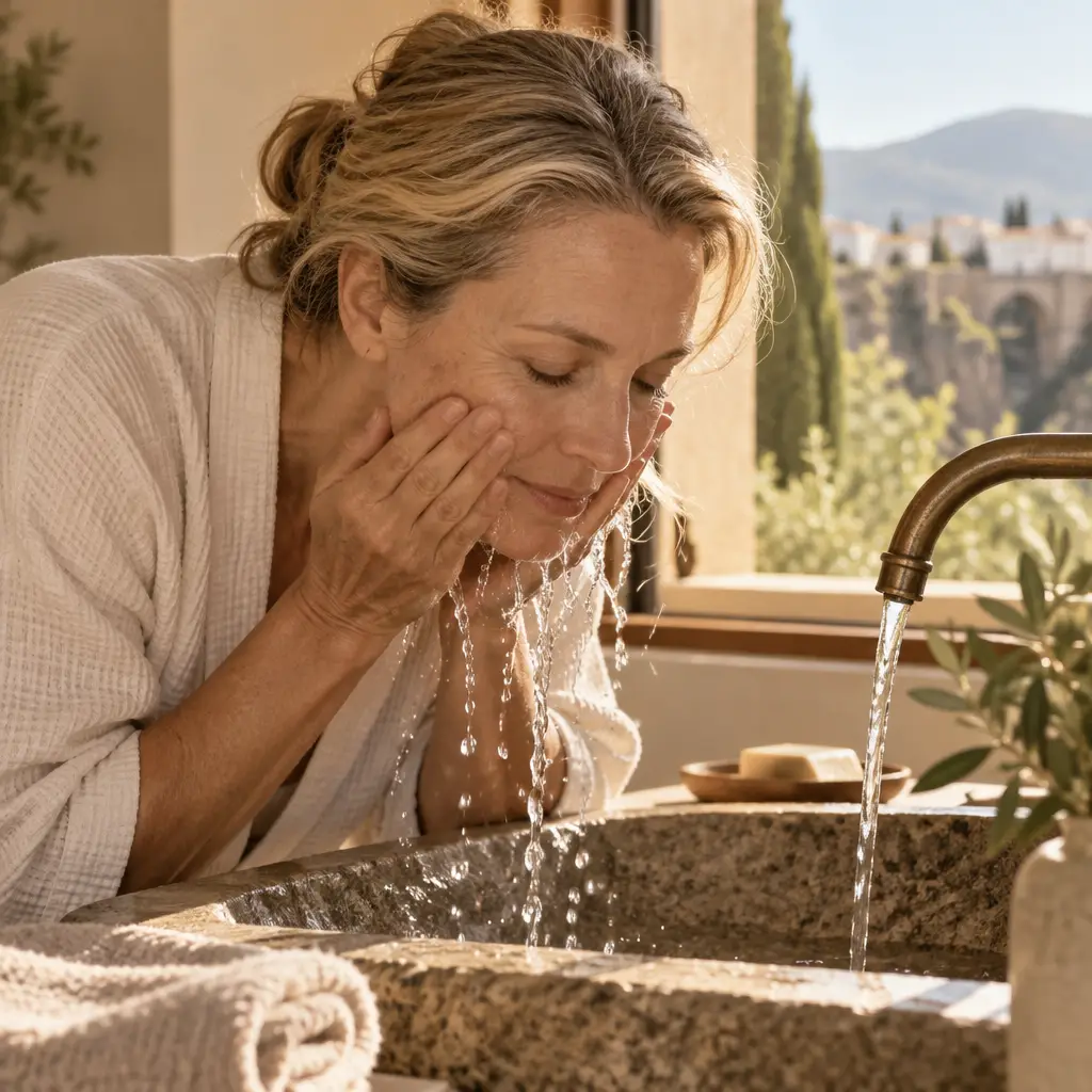 Mujer lavándose la cara por la mañana