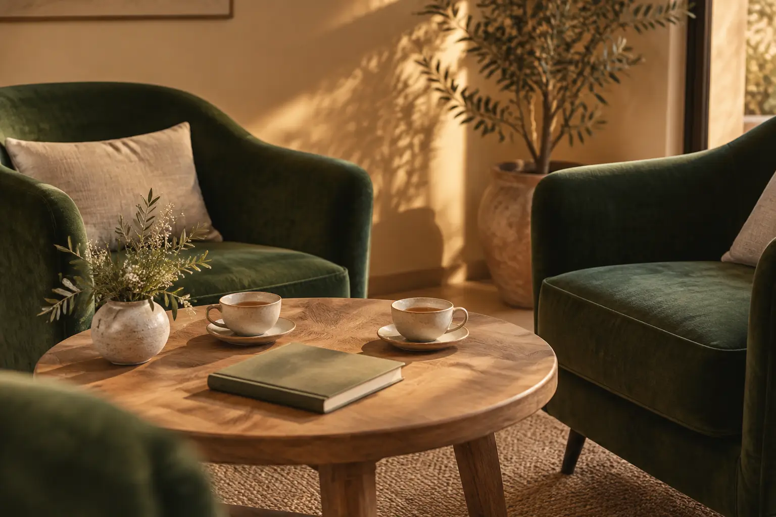 Dos tazas y un cuaderno entre dos sillones: primero, la conversación