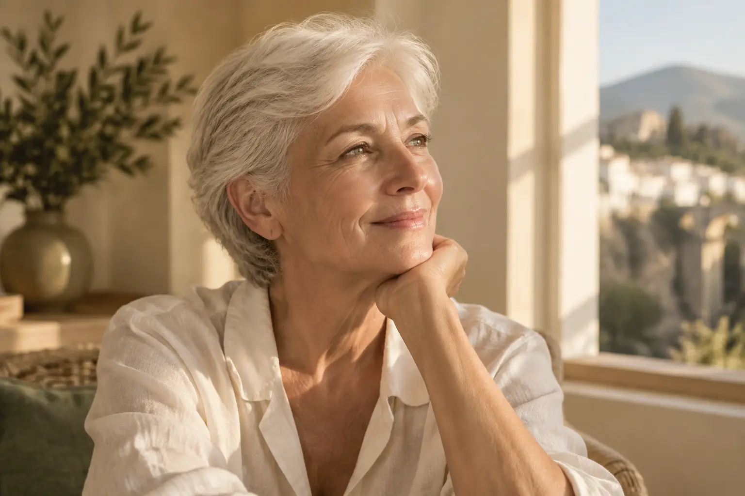 Mujer de unos sesenta años sonriendo junto a la ventana