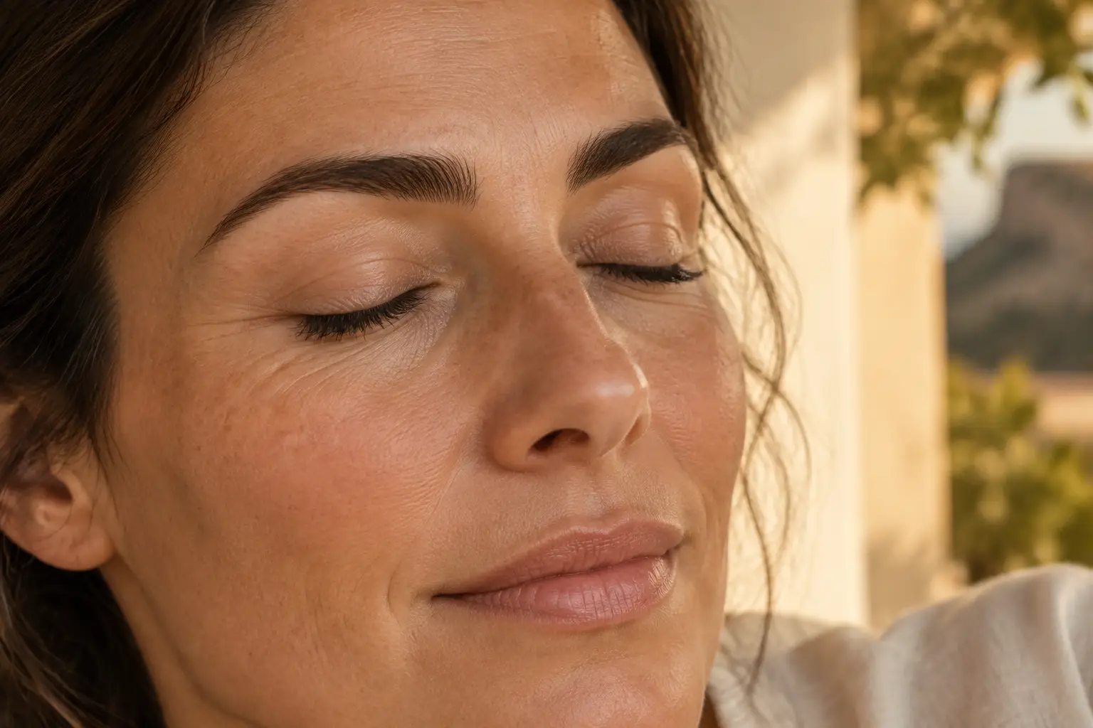 Cejas pobladas y naturales con los ojos cerrados