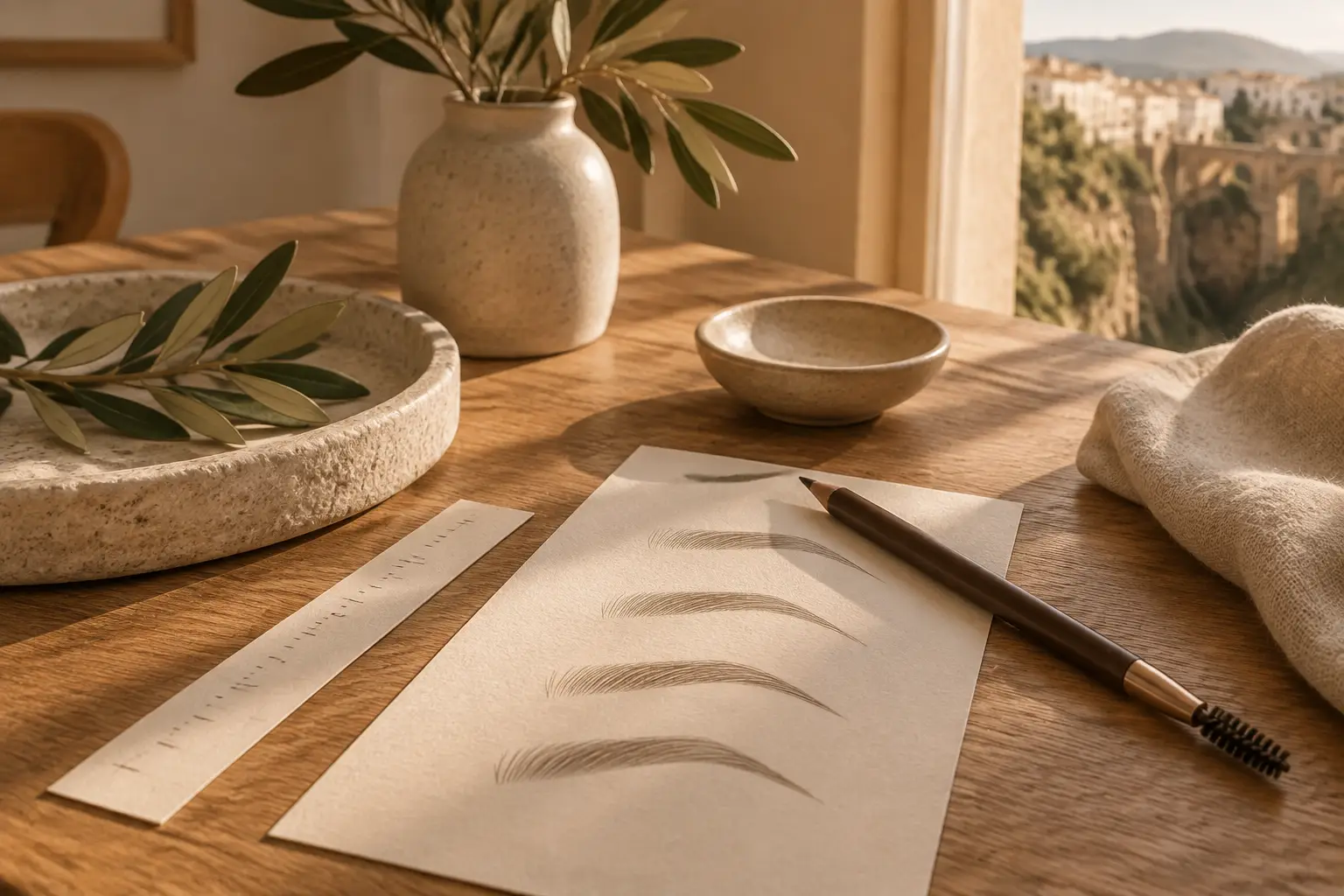 Lápiz de cejas y bocetos de formas sobre papel
