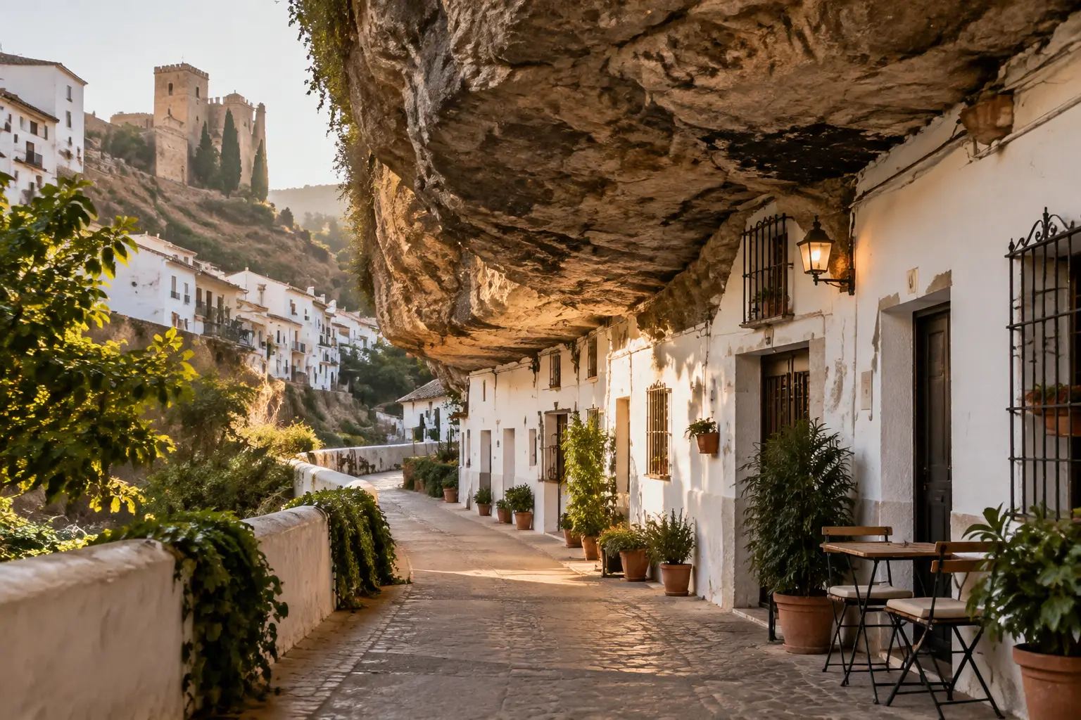 Casas blancas bajo la roca en Setenil de las Bodegas