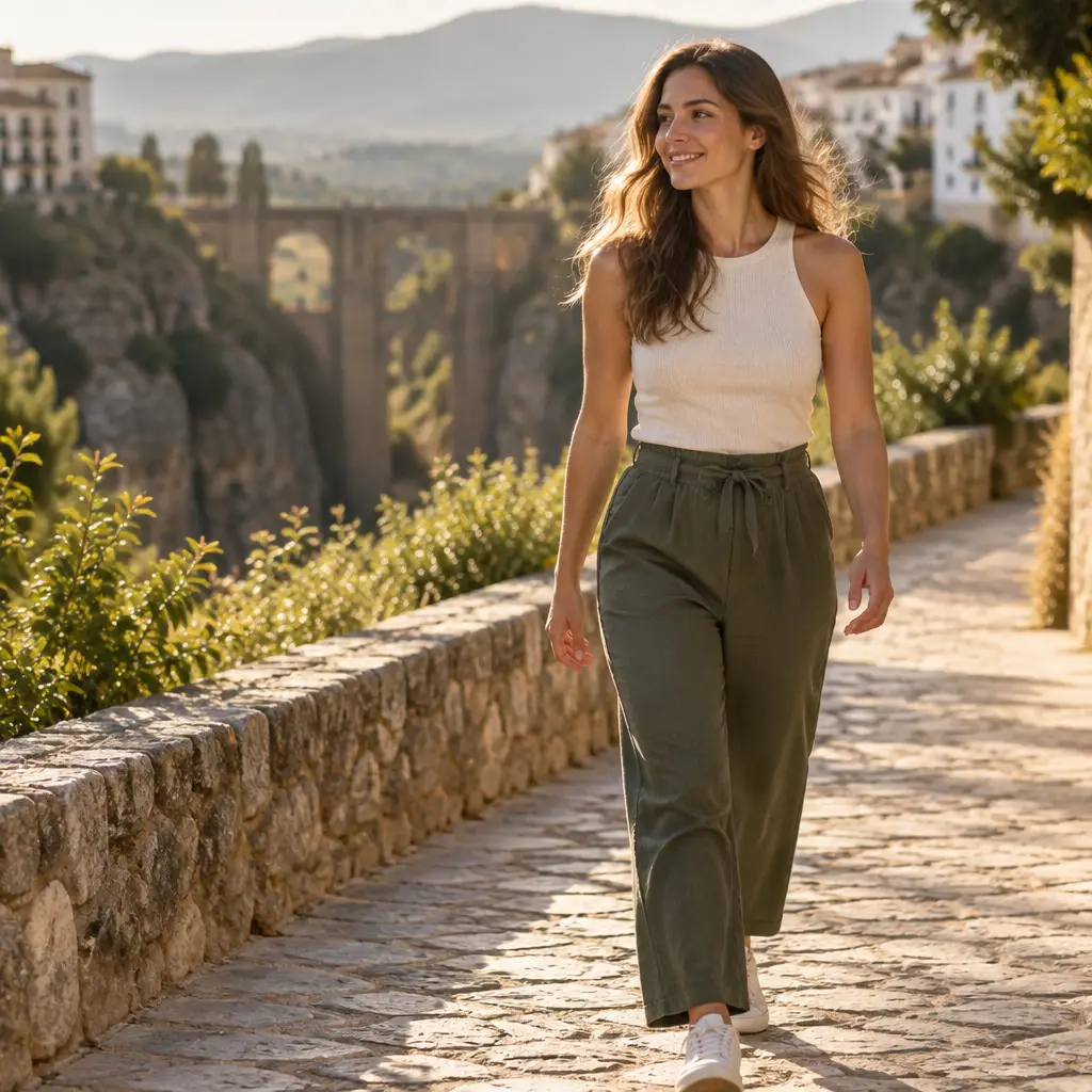 Mujer caminando al sol con zapatillas