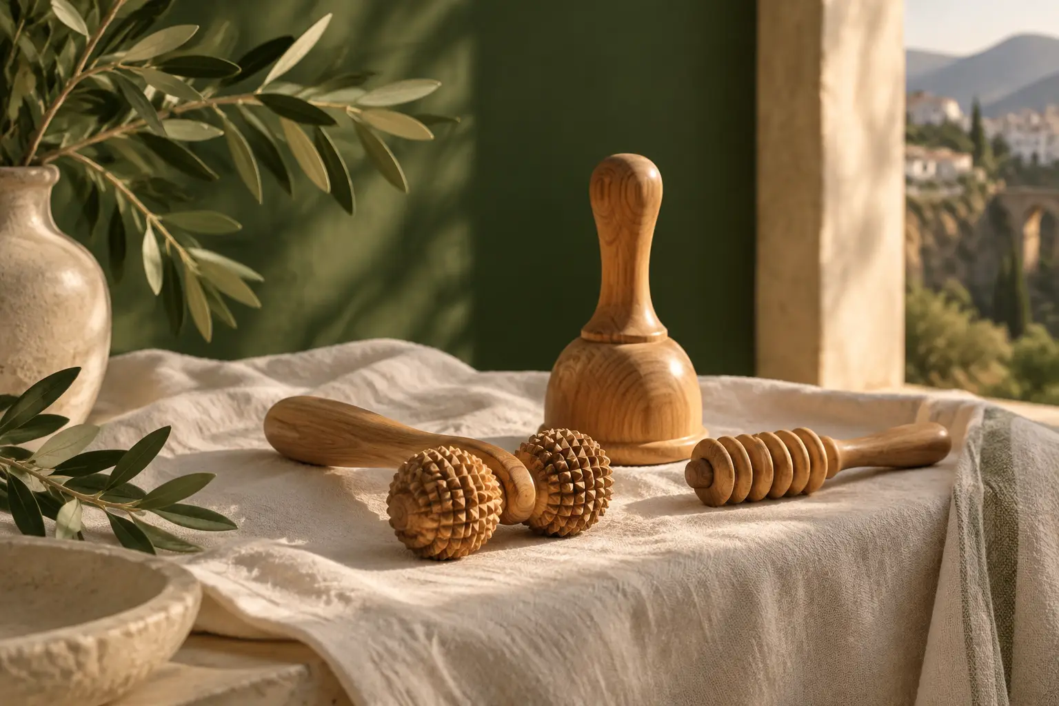 Rodillos de madera para maderoterapia sobre lino