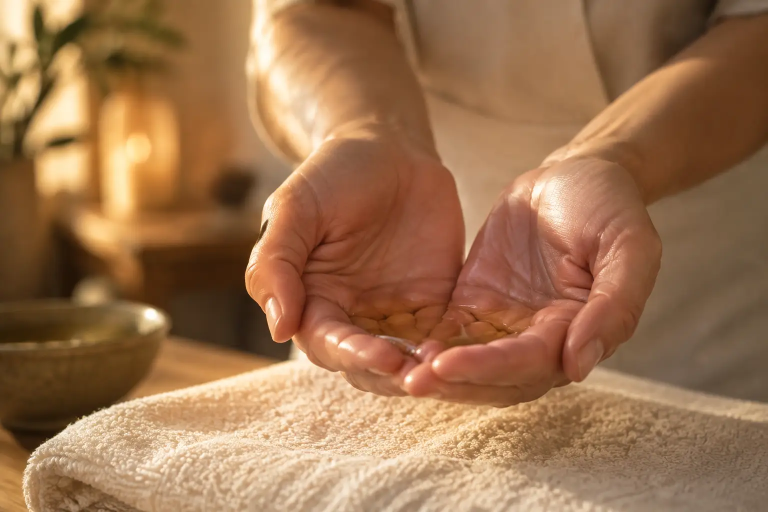 Manos con unas gotas de aceite sobre una toalla: drenaje y masaje